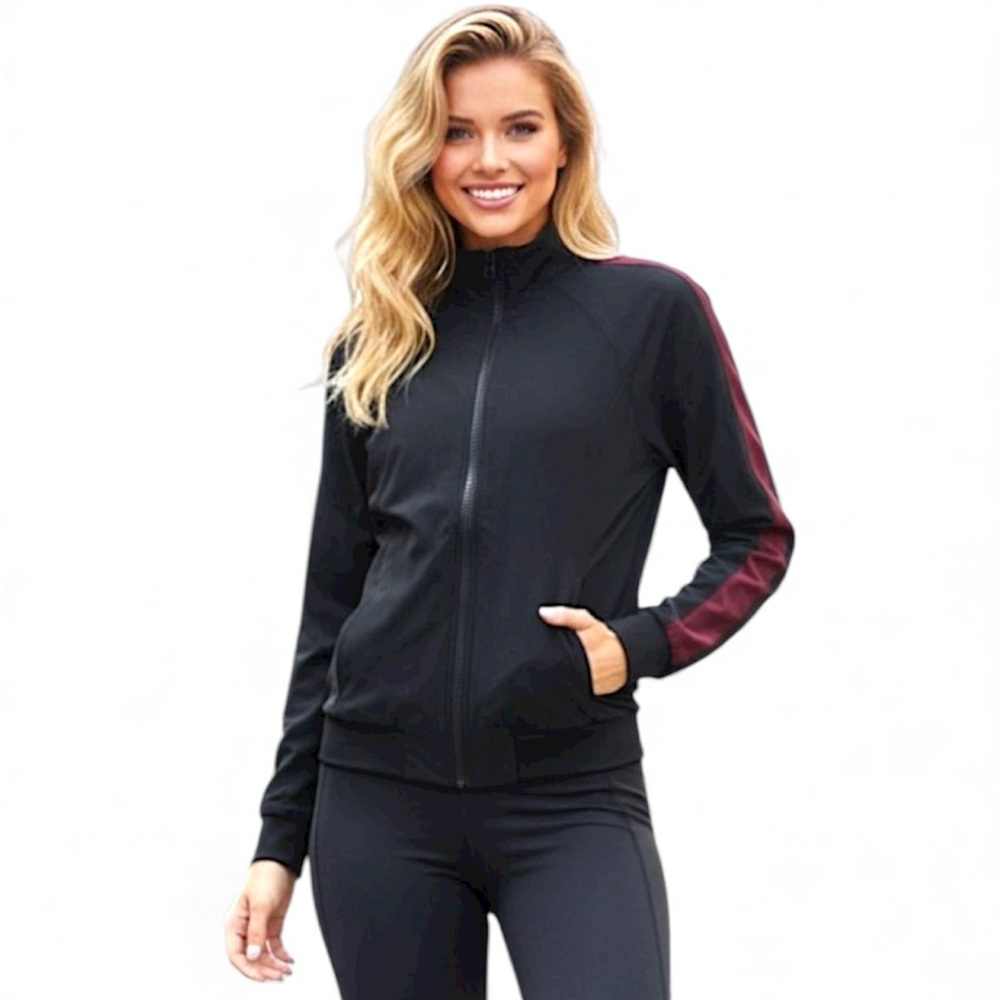 Z by Zella Womens Track Bomber Lightweight Full Zip Jacket Black Burgundy XS
